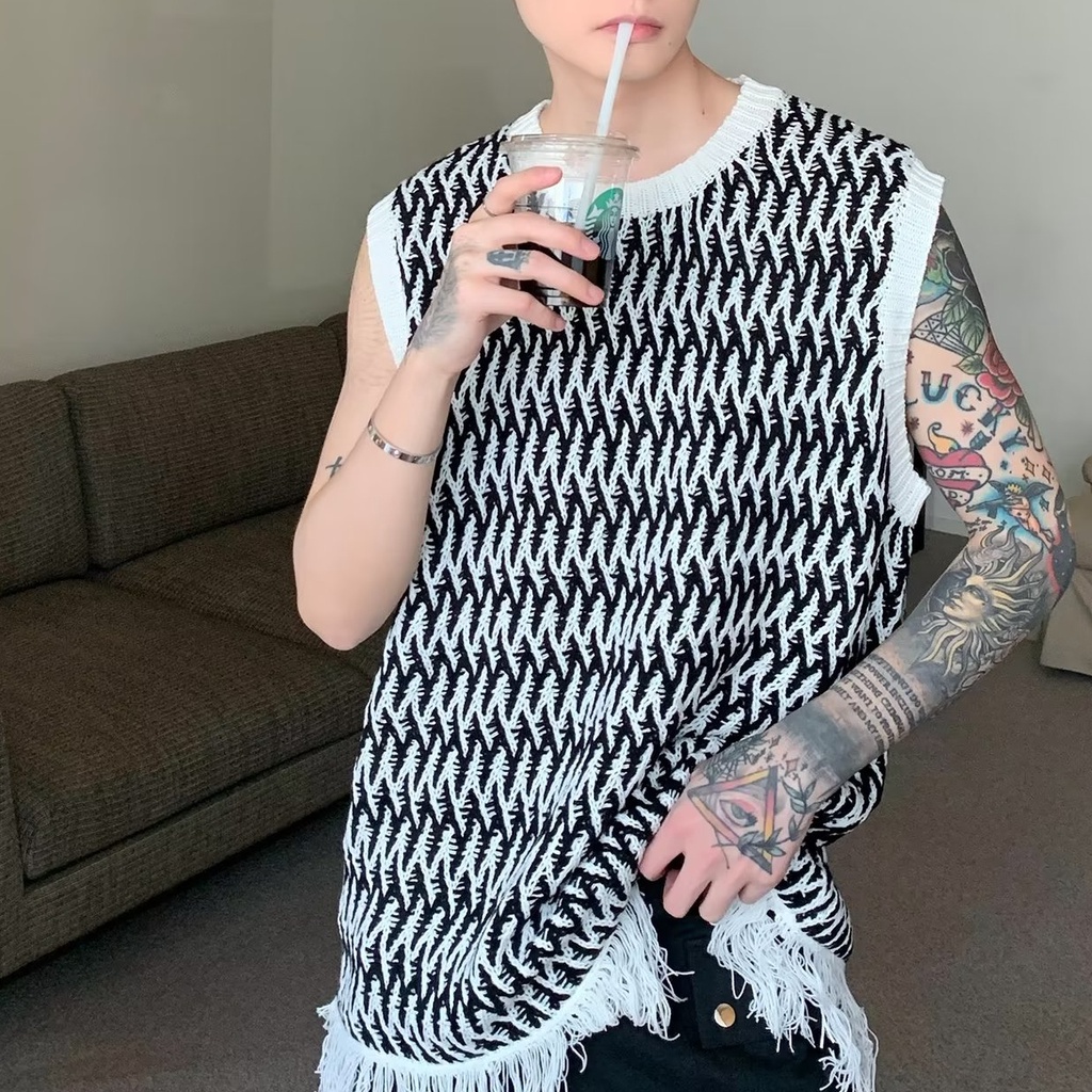 Áo Thun Dệt Kim Sát Nách Dáng Rộng Phối Tua Rua Thời Trang Mùa Hè Cho Nam Giới