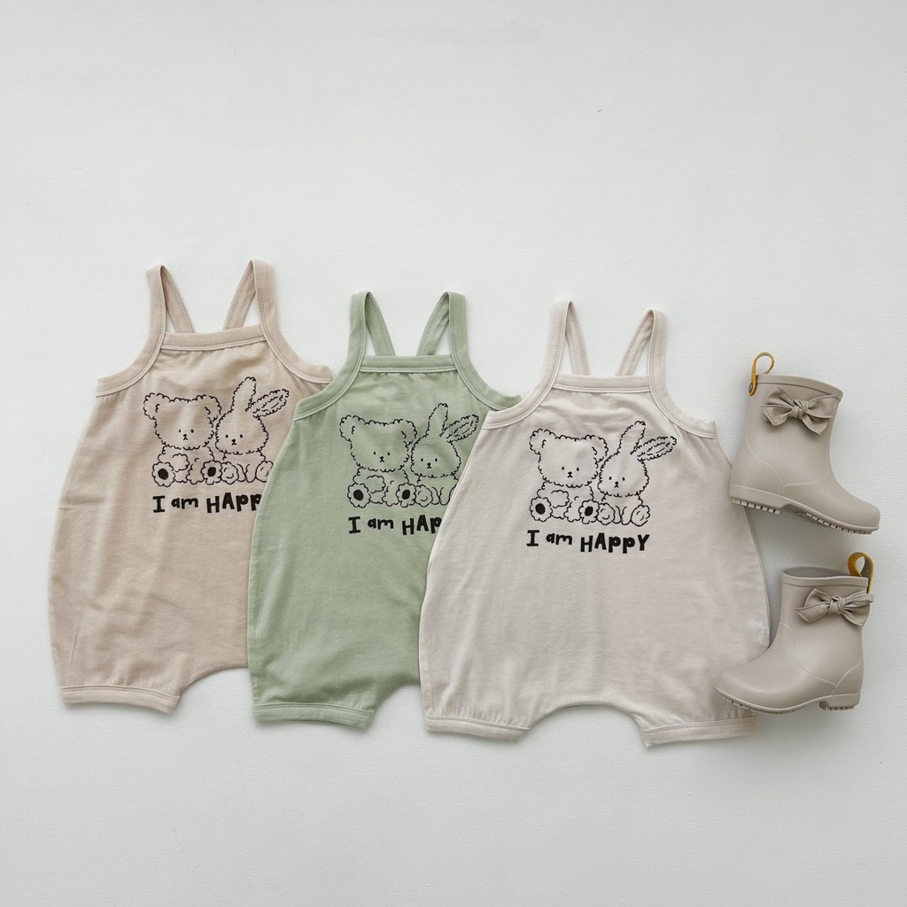 Bộ Áo Liền Quần Bằng Cotton Trơn Dáng Rộng In Họa Tiết Gấu Hoạt Hình Phong Cách Hàn Quốc Cho Bé Sơ Sinh 0 -