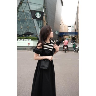 ✨BÁN SỈ✨Đầm xoè đen cup ngực phối kẻ