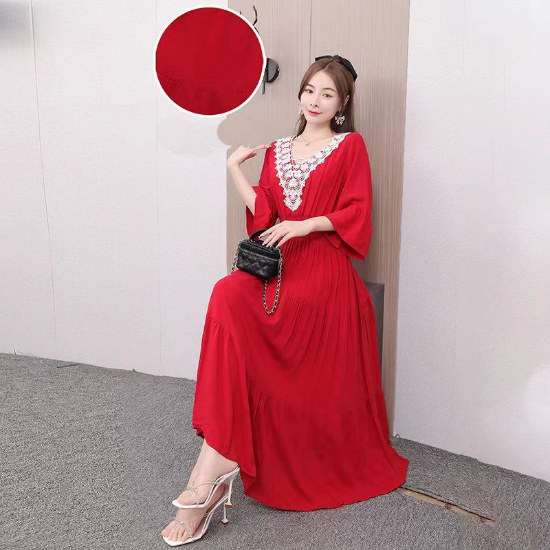 Đầm Xòe Dài Eo Cao Cổ Chữ V Bằng Lụa Cotton In Hoa Phong Cách Bohemian Dành Cho Nữ