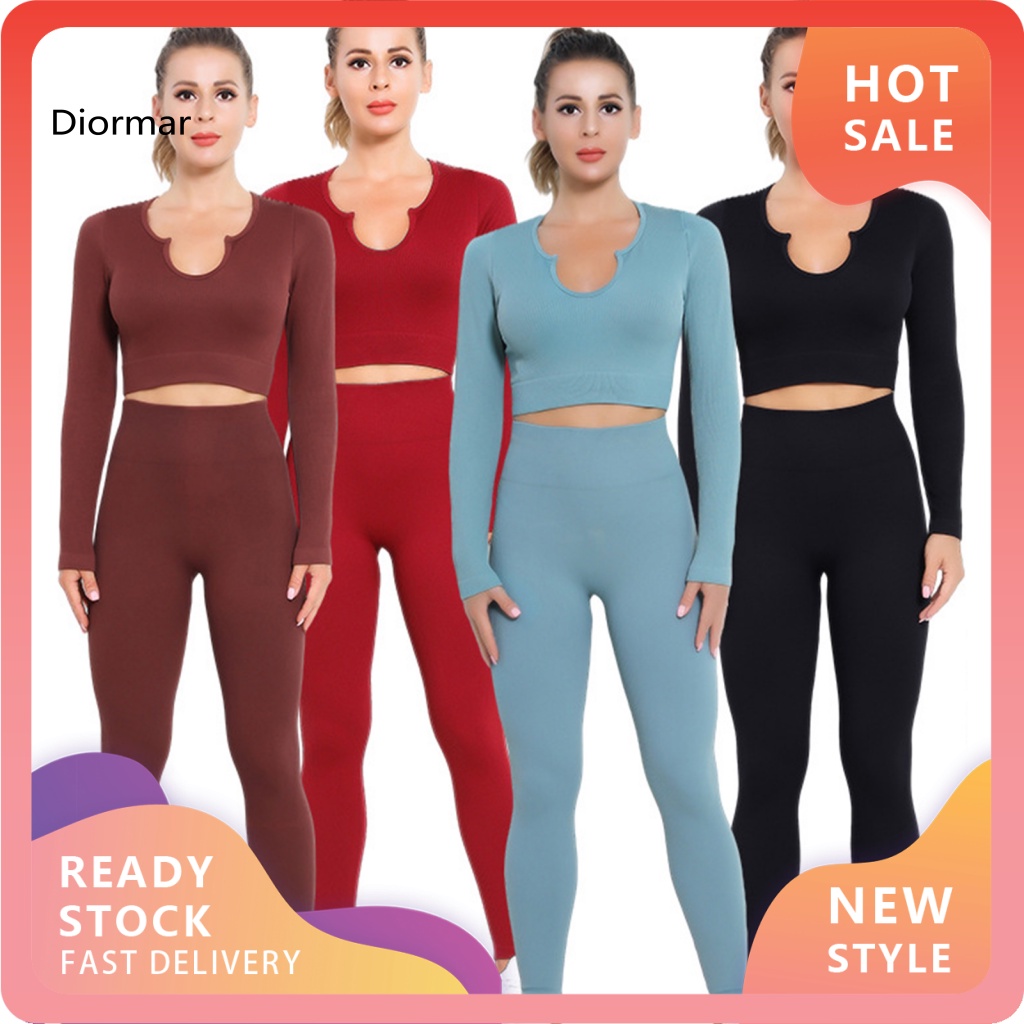 1 Set Áo Croptop Tay Dài Và Quần Legging Lưng Cao Không Phai Màu Thời Trang Tập Yoga