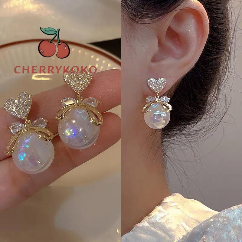 🍒🍒CHERRYKOKO Bông Tai Hình Trái Tim Đính Đá Zircon Và Ngọc Trai Sang Trọng