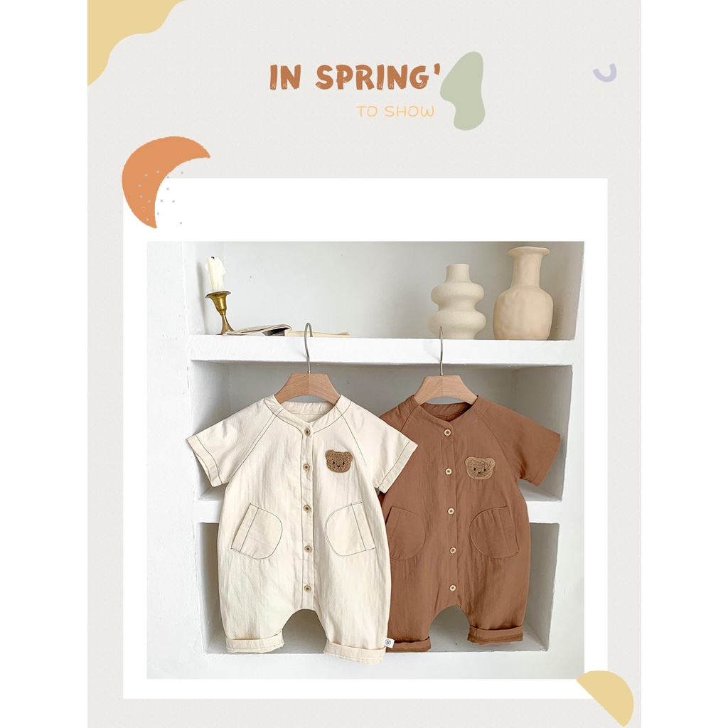 Áo Liền Quần Thoáng Khí Thêu Họa Tiết Chú Gấu Dễ Thương Phong Cách Hàn Quốc Cho Bé Trai / Gái 1-3 Tuổi