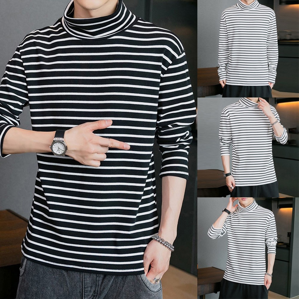 Áo Thun Dài Tay Họa Tiết Kẻ Sọc Chất Liệu Polyester Thời Trang Mùa Đông Cho Nam Size M-2XL