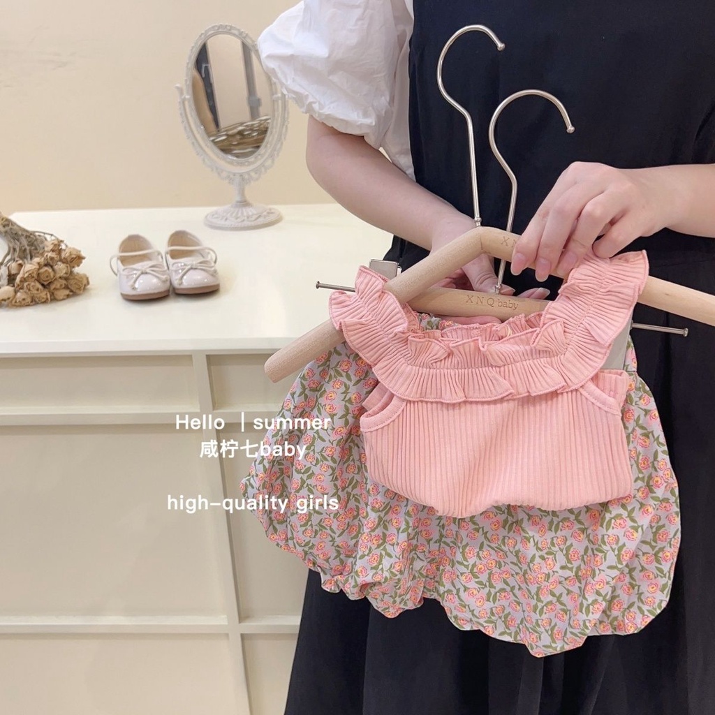 Bộ Áo Thun Hai Dây + Quần Short Thời Trang Mùa Hè Hàn Quốc 2023 Cho Bé Gái