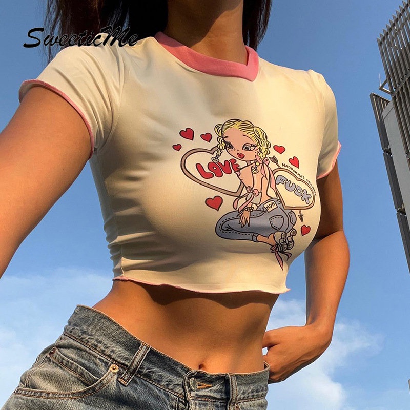 Áo Thun Crop Top Tay Ngắn Cổ Tròn Dáng Ôm In Họa Tiết Thời Trang 2023 Cho Bạn Gái