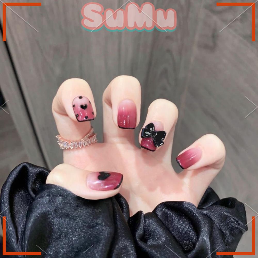 Hộp 24 Móng Tay Giả Thắt Nơ Ngắn Phong Cách Pháp|Nhân Vật Hoạt Hình Độc Đáo Che Phủ Toàn Diện