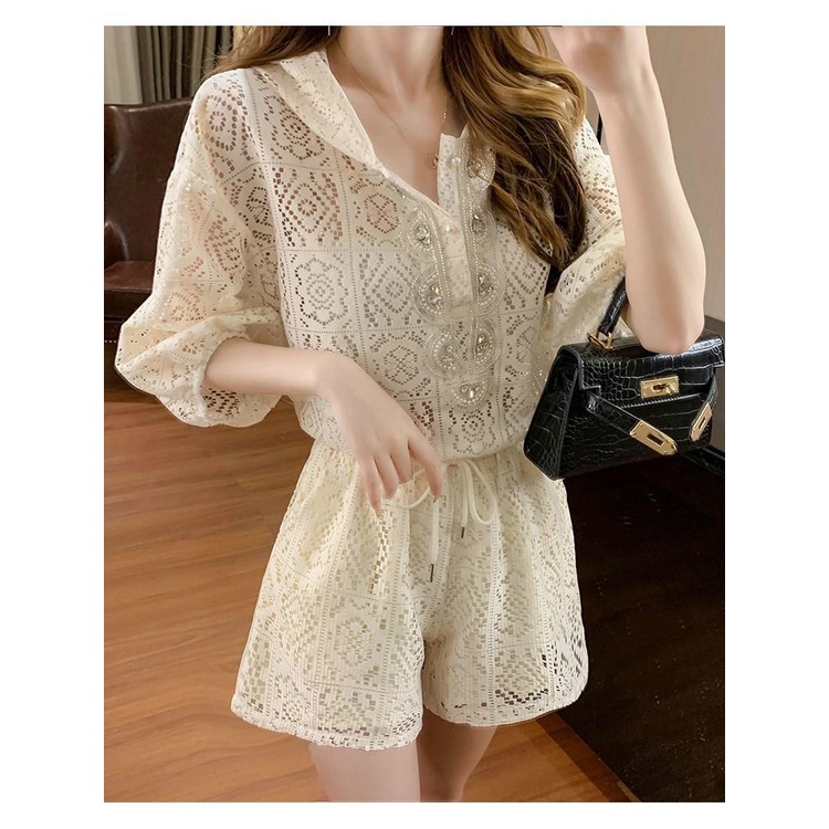 Bộ Áo Ngắn Tay Phối Ren + Quần Short Lưng Cao Thời Trang Xuân Hè 2023 Mới