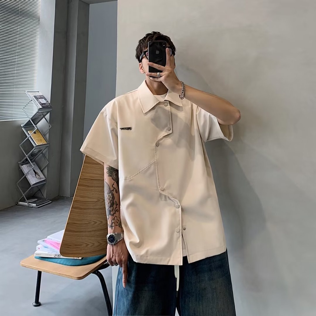 Áo Sơ Mi Nam Ngắn Tay Dáng Rộng Thiết Kế Bất Đối Xứng Phong Cách Mới 2023