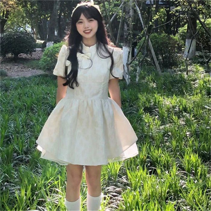 Đầm Công Chúa Dáng Chữ a Ôm Eo Đính Nơ Màu Trắng Ánh Trăng Phong Cách Trung Hoa Ngọt Ngào Thời Trang Mùa Hè Mới Cho Nữ