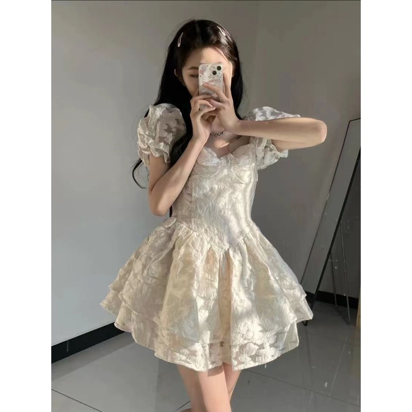 Đầm Công Chúa Cổ Vuông Tay Phồng Màu Trơn Thời Trang Mùa Hè Mới Cho Nữ