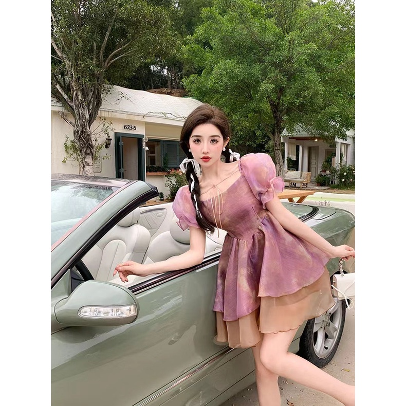 Đầm Tầng Eo Cao Tay Bồng Nhuộm Màu Thời Trang Mùa Hè 2023 2023