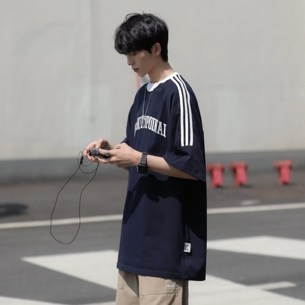 Áo Thun cotton Cổ Tròn Kẻ Sọc Ngang Thêu Chữ Thời Trang Chất Lượng Cao Cho Nam Nữ