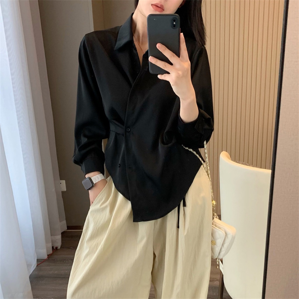 Áo Sơ Mi satin Dài Tay Thiết Kế Không Đồng Đều Thời Trang Theo Phong Cách Hàn Quốc Cho Nữ