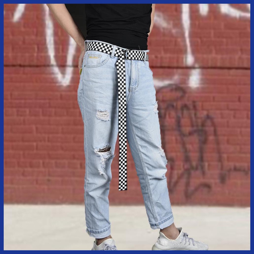 Thắt Lưng Vải Canvas Họa Tiết Kẻ Ô Vuông Trắng Đen 53.15inch Điều Chỉnh Được Thiết Kế Đơn Giản