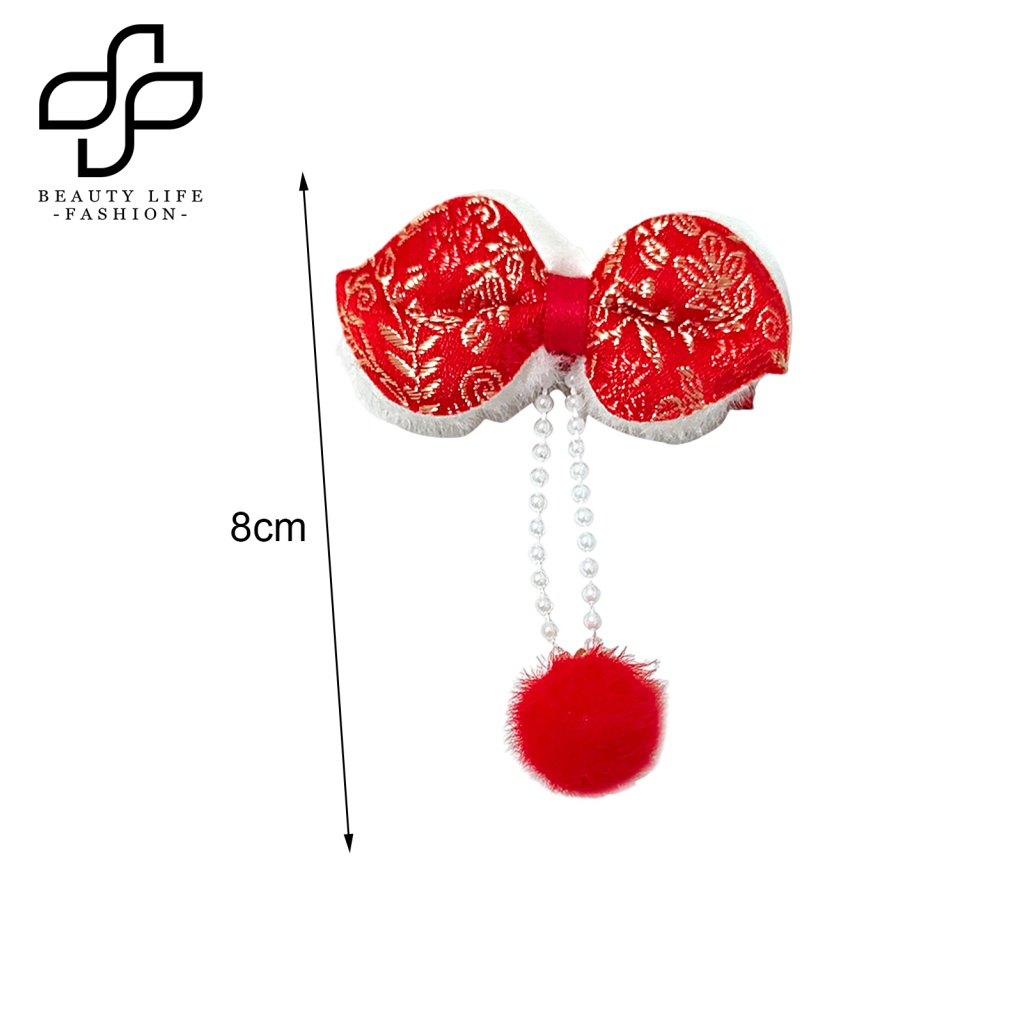 Bộ 2 Kẹp Tóc Nơ Đính Bóng Lông Tua Rua Đỏ Phong Cách Trung Hoa Cổ Điển Mừng Năm Mới Cho Bé Gái