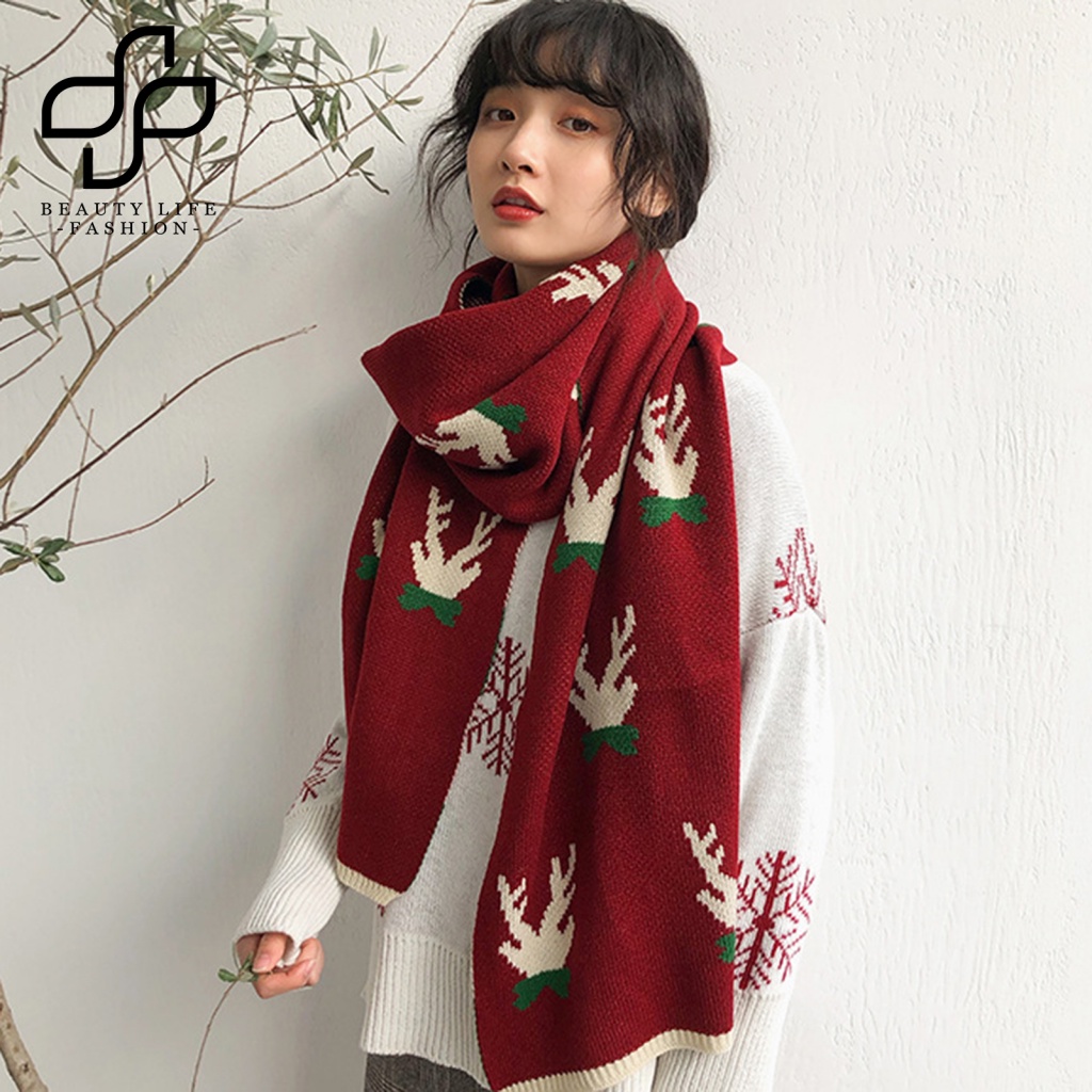 Khăn Choàng Cổ Dài Dệt Kim Mềm Mại In Họa Tiết Tuần Lộc Giáng Sinh Thời Trang Thu Đông Cho Nữ