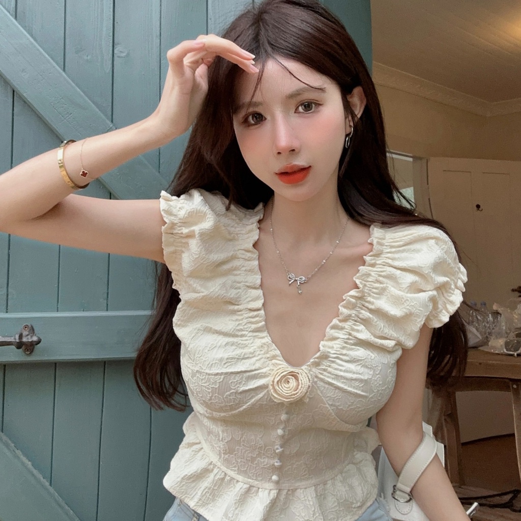 Áo Nữ Tay Ngắn Cổ Chữ v Thời Trang Quyến Rũ