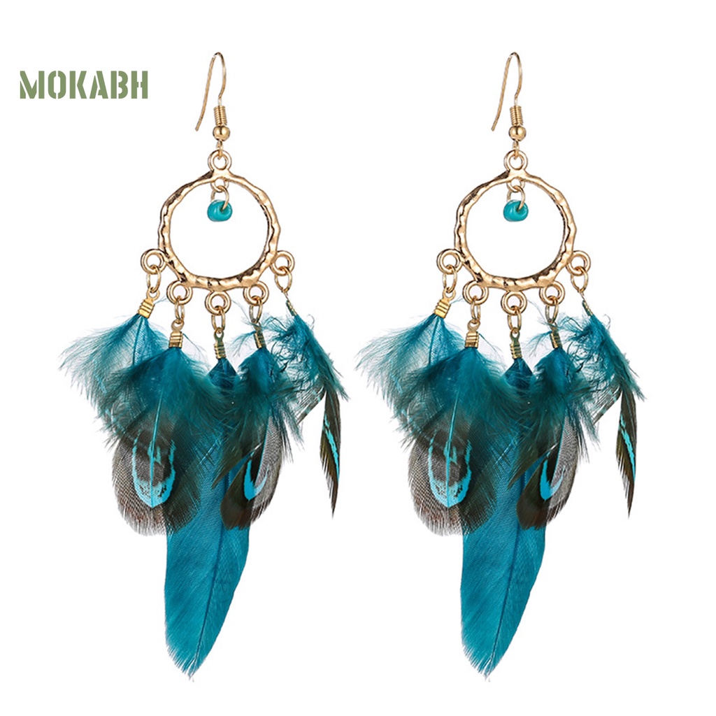 1 Đôi Bông Tai Dáng Dài Đính Hạt Tròn Và Lông Vũ Phong Cách Dân Tộc Cổ Điển Thời Trang Cho Nữ