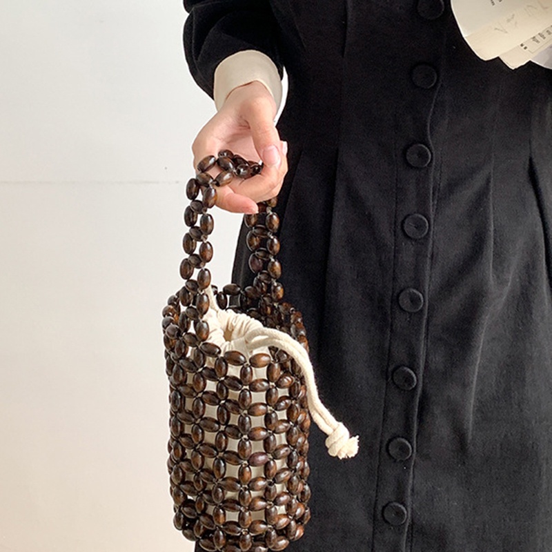 Ielgy Túi bucket Dây Rút Xỏ Hạt Gỗ Thủ Công Nhỏ Gọn Thời Trang niche Dành Cho Bạn Nữ