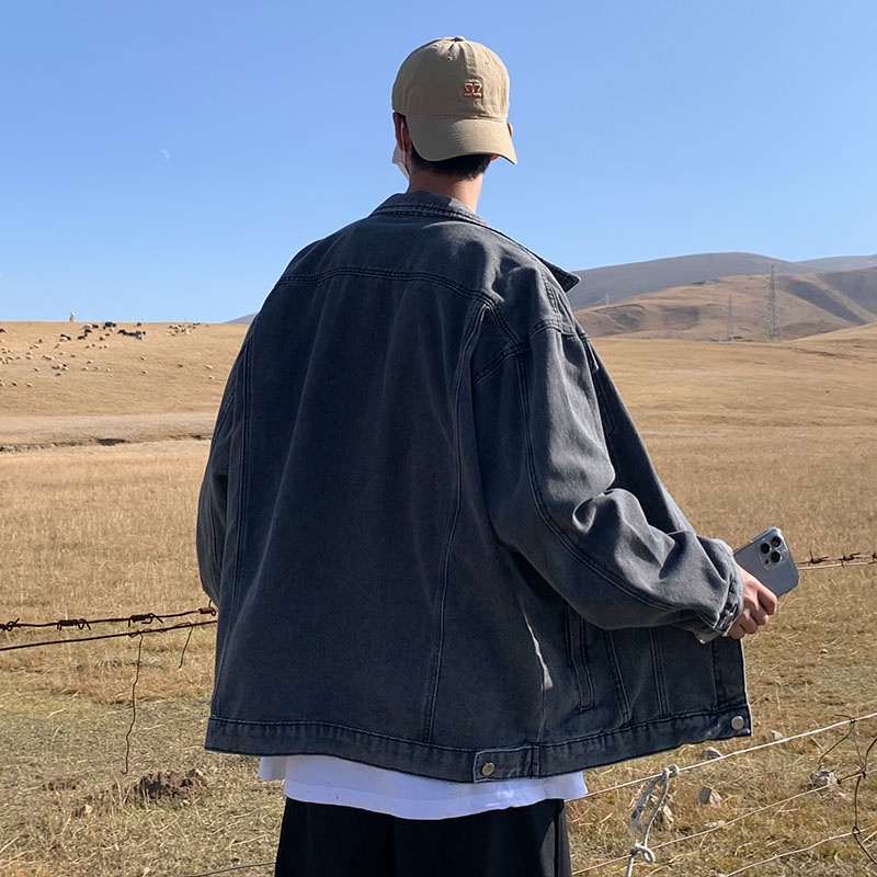 Áo Khoác Denim Dáng Rộng Phong Cách Retro Nhật Bản Thời Trang Xuân Thu Cho Nam Giới