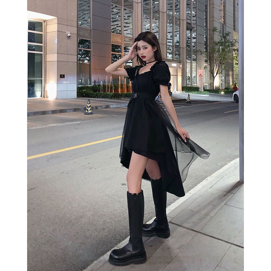 Đầm Ngắn Cổ Vuông Màu Đen Phong Cách Pháp Thời Trang Mùa Hè Xinh Xắn Cho Nữ
