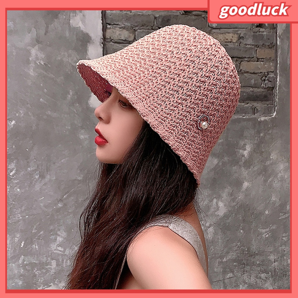 Mũ Bucket Vành Tròn Màu Trơn Đính Ngọc Trai Giả Thời Trang Mùa Hè Cho Nữ