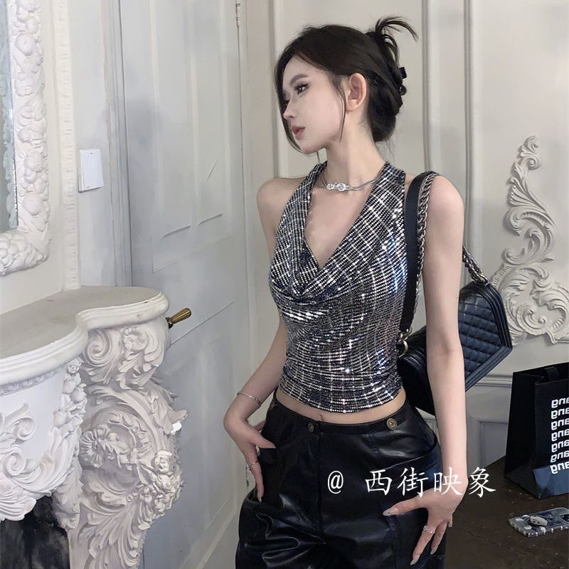 Áo Hai Dây Dáng Ngắn Ôm Sát Đính Kim Sa Lấp Lánh Thời Trang Mùa Hè Cao Cấp Dành Cho Bạn Gái