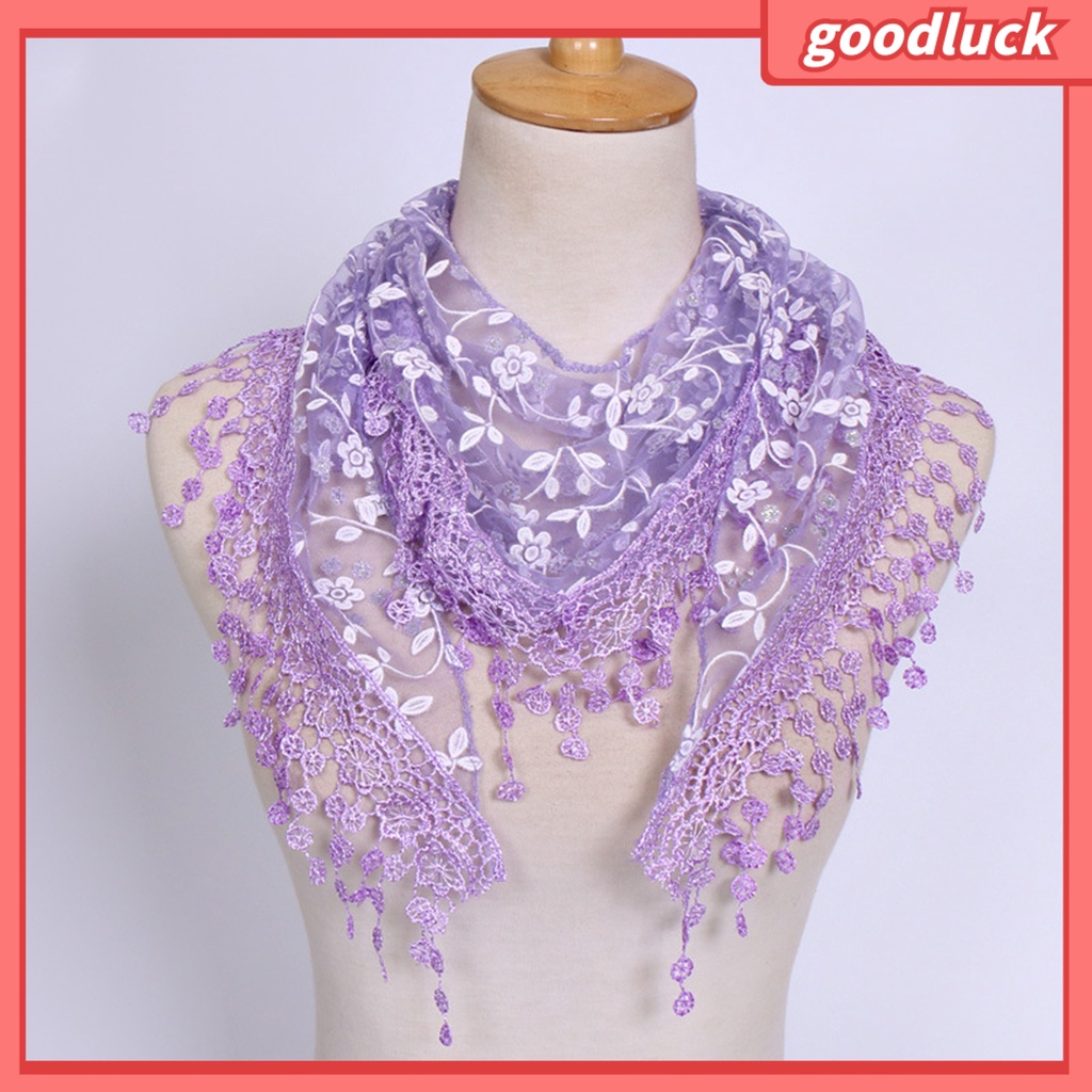 [GLO] Khăn Choàng Cổ Tam Giác In Họa Tiết Hoa Phối Ren Tua Rua Cầu Nguyện Mặc Hàng Ngày Cho Nữ