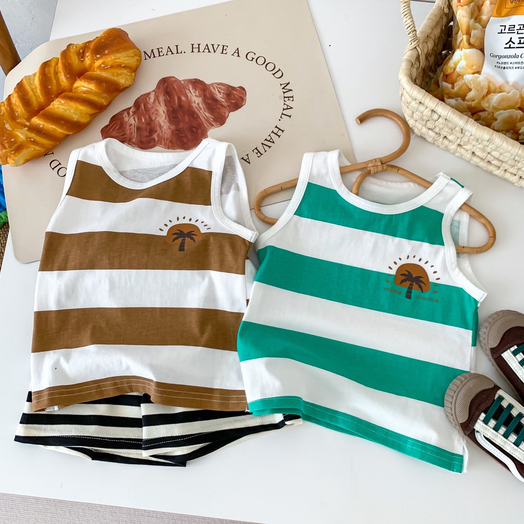 Áo Thun Cotton Không Tay Kẻ Sọc Màu Be Thời Trang Mùa Hè Mới 2023 Cho Bé Trai 1-3 Tuổi