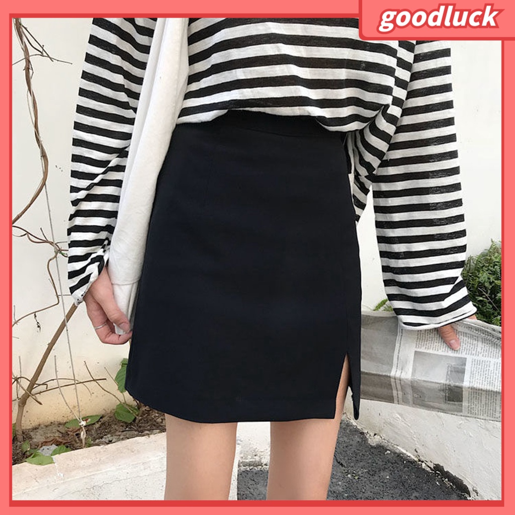 Đầm Mini Dáng Chữ A Mềm Mại Lưng Cao Màu Trơn Xẻ Tà Có Khóa Kéo Thời Trang Đường Phố