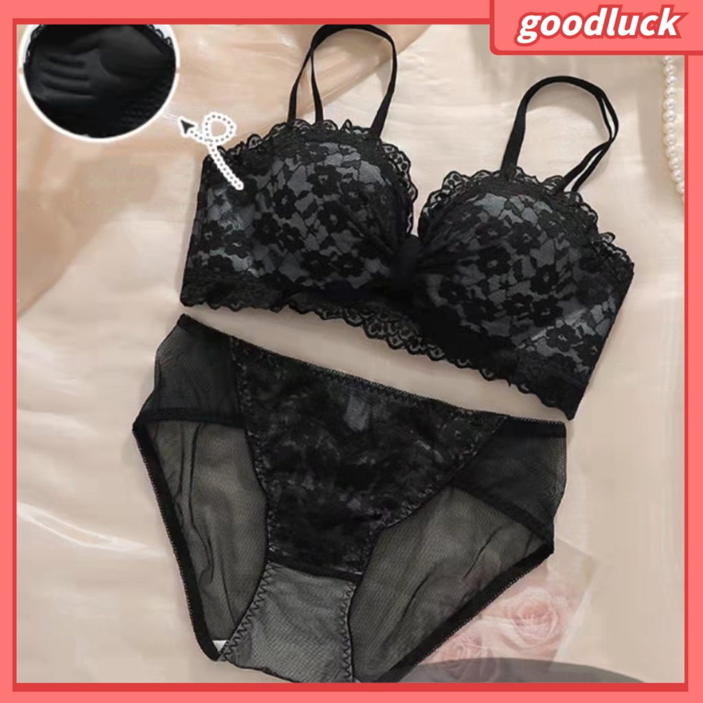 Bộ 2 Món Áo Lót Hai Dây Nâng Ngực + Quần Lót Lưng Cao Phối Ren Thêu Họa Tiết Ngọt Ngào