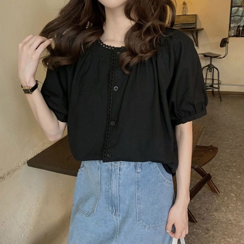 Áo Kiểu Mùa Hè Pháp Tay Cộc Cổ Tròn Dáng Rộng Thiết Kế Ngọt Ngào Dễ Phối Đồ Mẫu Mới 202