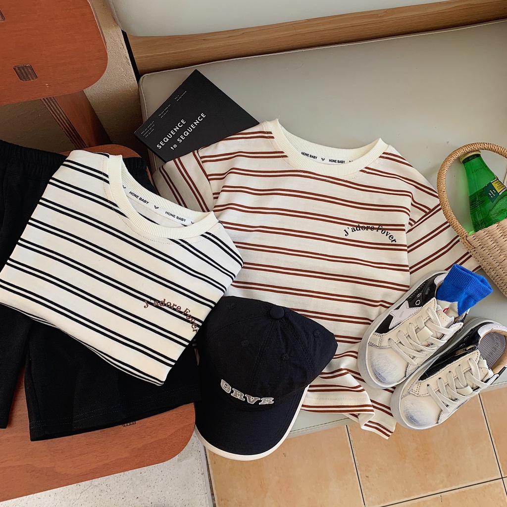 [Hàng Mới Về] Áo Thun Tay Ngắn Dáng Rộng Cổ Tròn Họa Tiết Kẻ Sọc Ngang Thoải Mái Thời Trang Mùa Hè Cho Bé Trai Và Gái