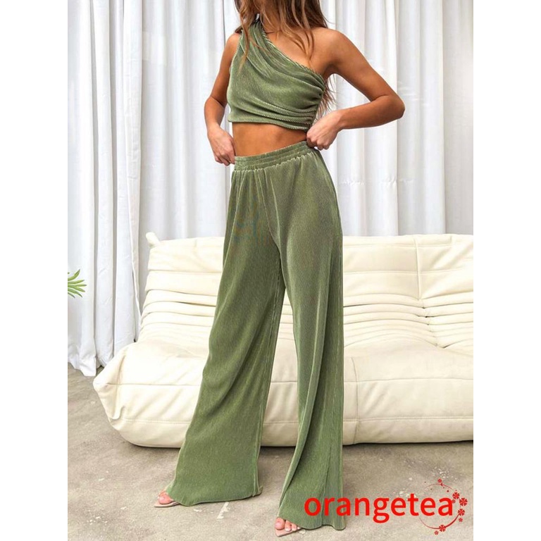 Set Áo 2 Dây Màu Trơn Và Quần Dài Ống Rộng Lưng Cao Thời Trang Mùa Hè Cho Nữ