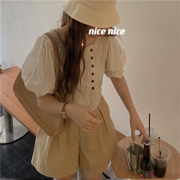 SUXI Áo Sơ Mi Tay Ngắn Cổ Vuông Thêu Họa Tiết Phong Cách Vintage Dành Cho Nữ