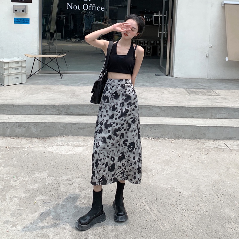 SUXI Chân Váy Midi Dáng Chữ A Lưng Cao In Họa Tiết Da Báo Phong Cách Vintage Dành Cho Nữ