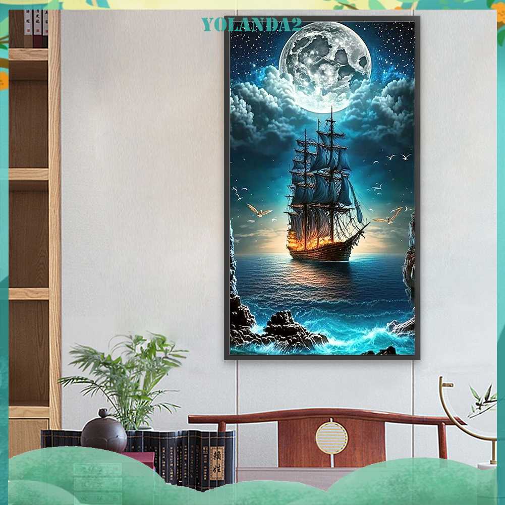 Tranh Đính Đá Kim Cương Toàn Bộ 5D DIY Hình Vẽ Thuyền Buồm Trang Trí Nhà Cửa
