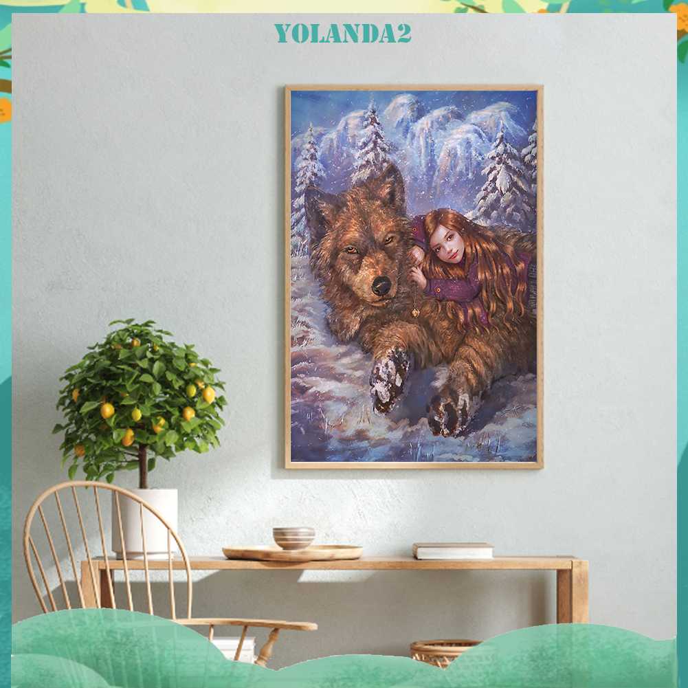 Tranh Đính Đá Kim Cương Toàn Bộ 5D DIY Hình Vẽ Cô Gái Và Sói Trang Trí Nhà Cửa