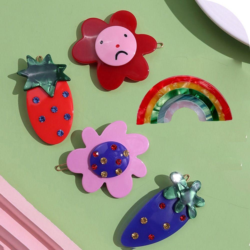 Kẹp Tóc Hình Trái Dâu / Cà Rốt Hoạt Hình Acetate Màu Cầu Vồng Cá Tính Cho Nữ|Kẹp Tóc Đính Đá Xinh Xắn Dành Cho Nữ