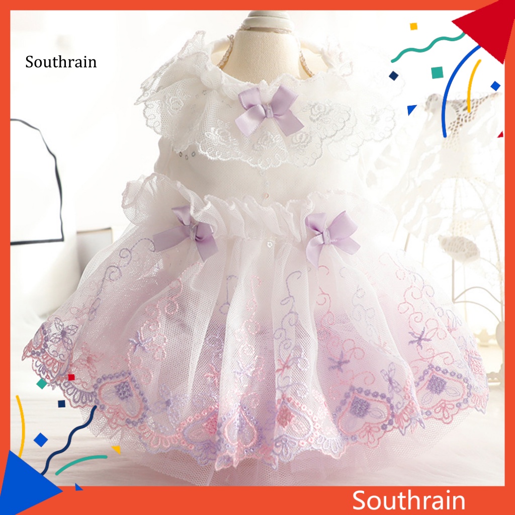 Đầm Không Tay Eo Cao Viền Ren Thắt Nơ Cho Cún Cưng