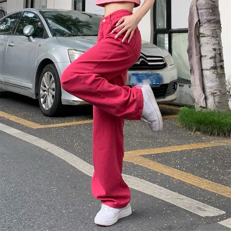 Quần Jean Ống Rộng Lưng Cao Màu Đỏ Hồng Thời Trang Xuân Thu Mới Cho Nữ