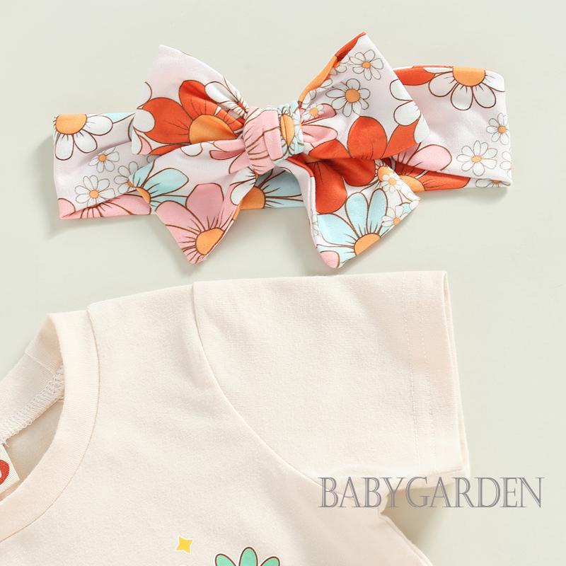 Bộ Áo Thun Tay Ngắn + Quần Ống Loe In Họa Tiết Cầu Vồng + Băng Đô Cài Tóc Xinh Xắn Thời Trang Mùa Hè Cho Bé Gái 1-5 Tuổi