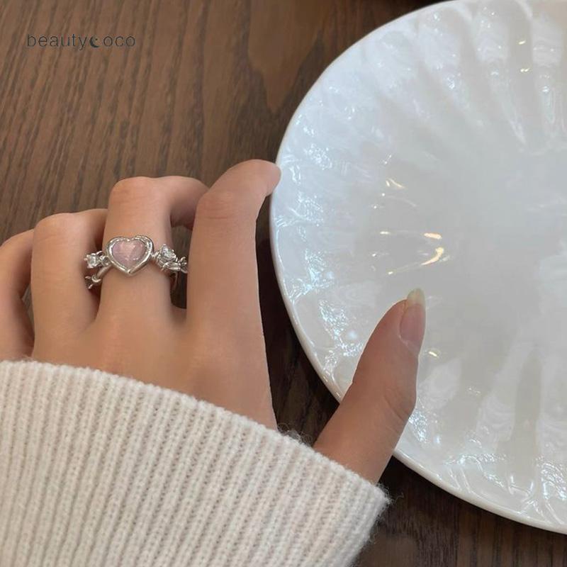 🍊beautycoco🍊Nhẫn mở  đính đá zircon họa tiết trái tim thời trang cho nữ