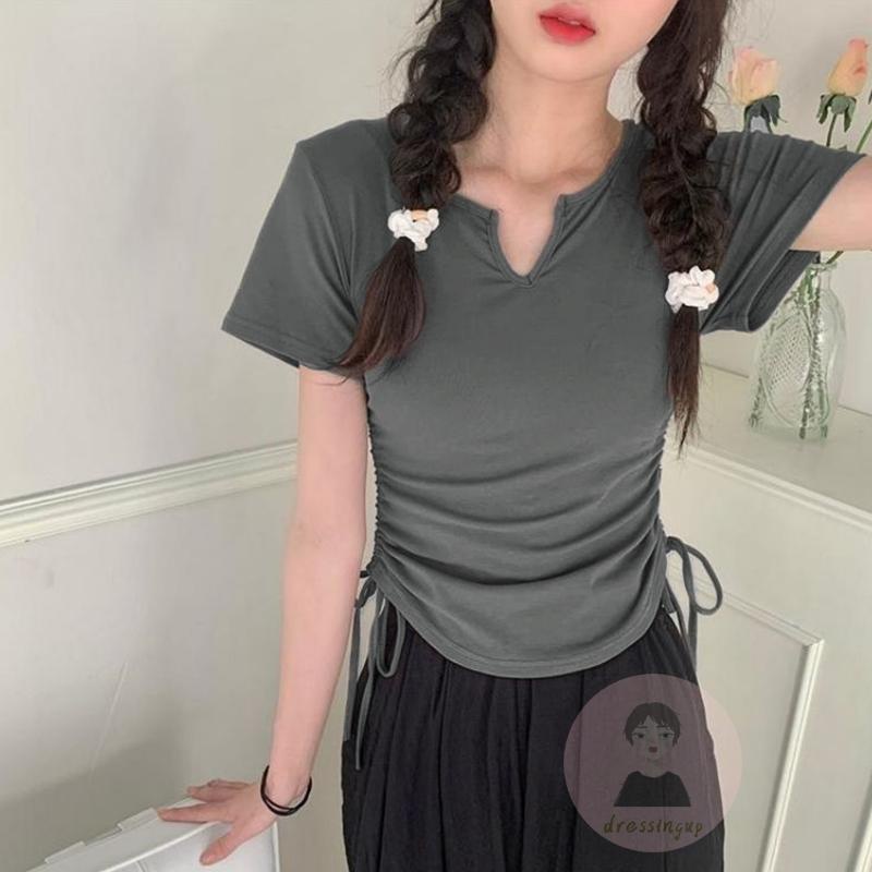 Áo Thun Ngắn Tay Cổ Chữ V Dây Rút Màu Sắc Đơn Giản Cho Nữ