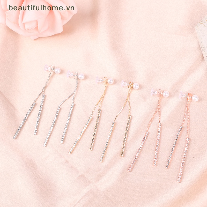 [beautifulhome] Bông Tai Kim Loại Dài Tua Rua Hình Nơ Đen Lấp Lánh Pha Lê Sáng Bóng [beauty]