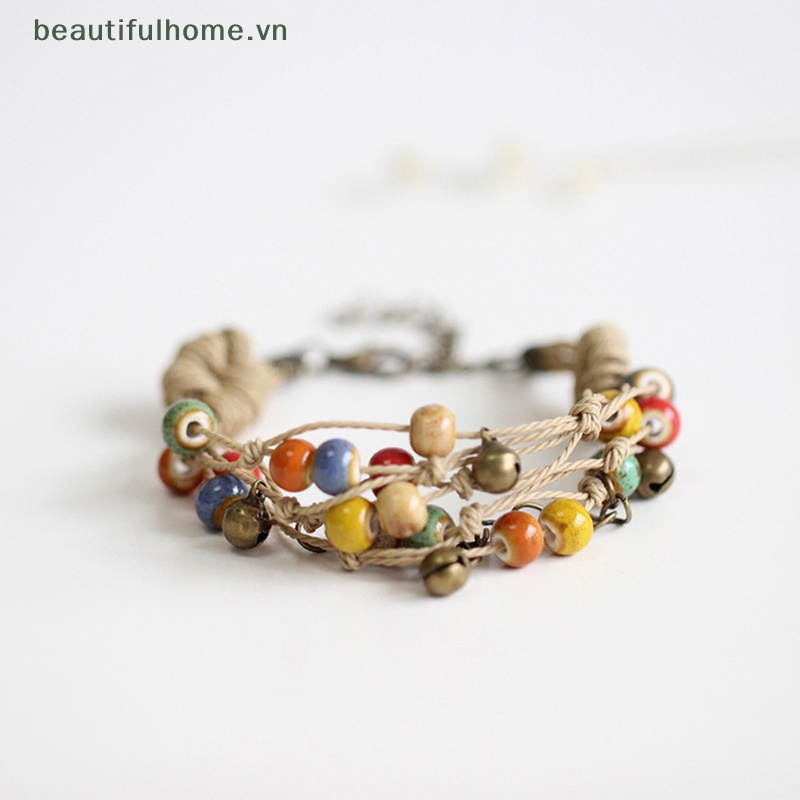 Vòng Tay Dây Thừng Xỏ Hạt Gốm Nhiều Lớp Có Thể Điều Chỉnh Phong Cách Dân Tộc Cho Nam Nữ