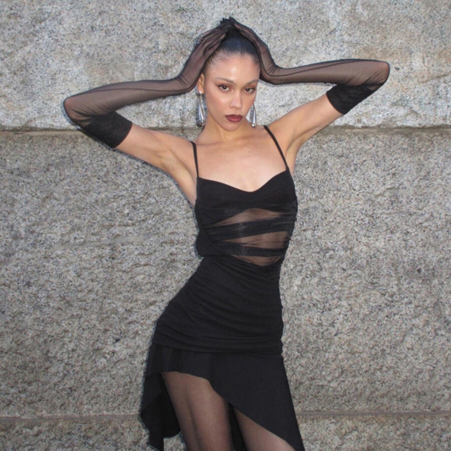 Kliou Đầm Mini Không Tay Cổ Chữ V Phối Lưới Thiết Kế Không Đồng Đều Thời Trang Mới 2023