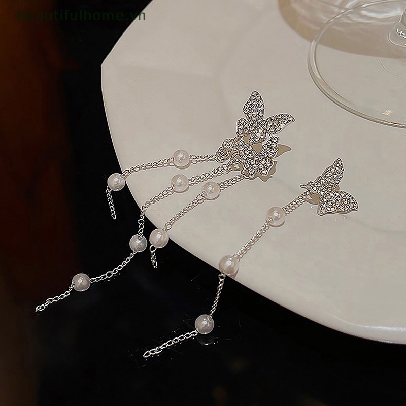 1 Đôi Bông Tai Bạc Tua Rua Hình Bướm Đính Ngọc Trai Zircon Không Đối Xứng Phong Cách Hàn Quốc Cho Nữ