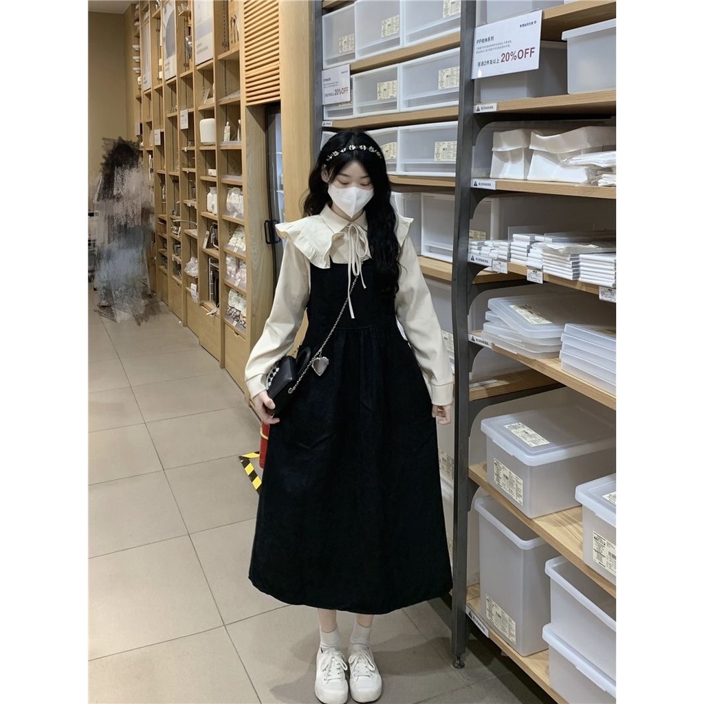 Set babydoll váy babydoll tay phồng Đầm Hai Dây Ôm Eo Dáng Dài Vừa Vặn Thời Trang Mùa Thu Phong Cách Hàn Quốc Ngọt Ngào Cho Nữ